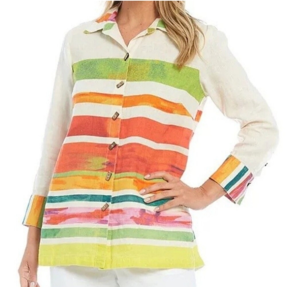 John Mark Abstract Hello Sunshine Striped Linen  Button Front Tunic Blouse EUC